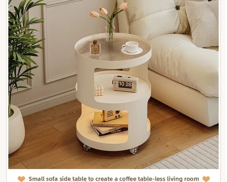 Home Furniture Creative Small Round Glass Sofa Side Table Movable Side Cabinet Simple Iron Tea Table Trolley Roller Storage Rack