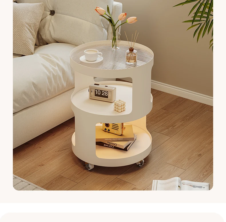 Home Furniture Creative Small Round Glass Sofa Side Table Movable Side Cabinet Simple Iron Tea Table Trolley Roller Storage Rack