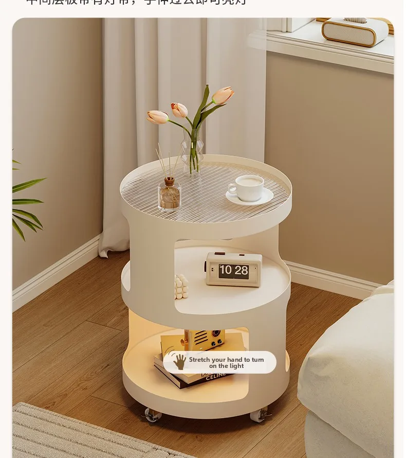 Home Furniture Creative Small Round Glass Sofa Side Table Movable Side Cabinet Simple Iron Tea Table Trolley Roller Storage Rack