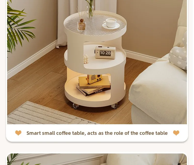 Home Furniture Creative Small Round Glass Sofa Side Table Movable Side Cabinet Simple Iron Tea Table Trolley Roller Storage Rack