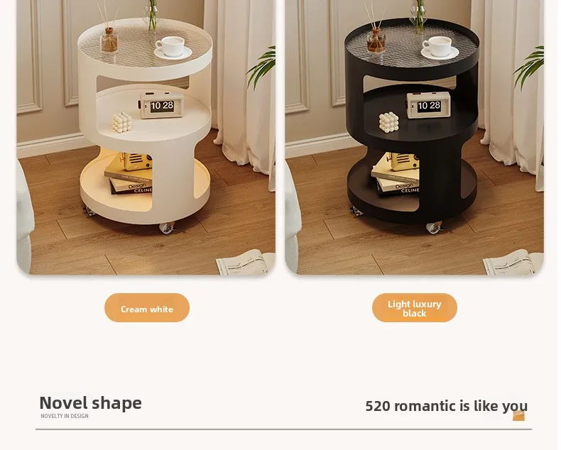 Home Furniture Creative Small Round Glass Sofa Side Table Movable Side Cabinet Simple Iron Tea Table Trolley Roller Storage Rack