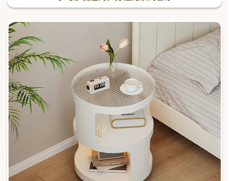 Home Furniture Creative Small Round Glass Sofa Side Table Movable Side Cabinet Simple Iron Tea Table Trolley Roller Storage Rack
