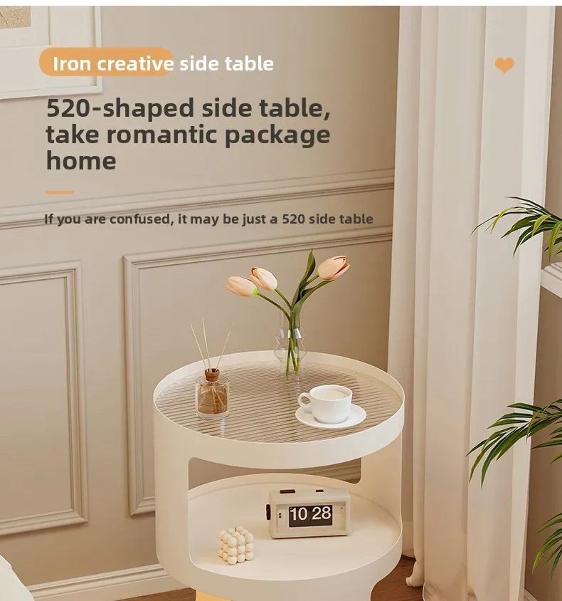 Home Furniture Creative Small Round Glass Sofa Side Table Movable Side Cabinet Simple Iron Tea Table Trolley Roller Storage Rack