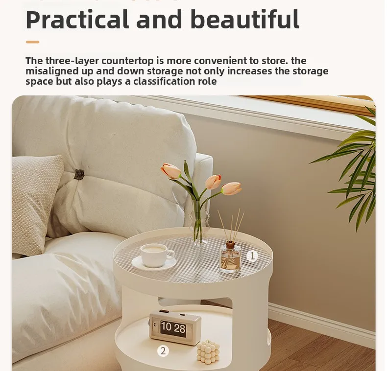 Home Furniture Creative Small Round Glass Sofa Side Table Movable Side Cabinet Simple Iron Tea Table Trolley Roller Storage Rack