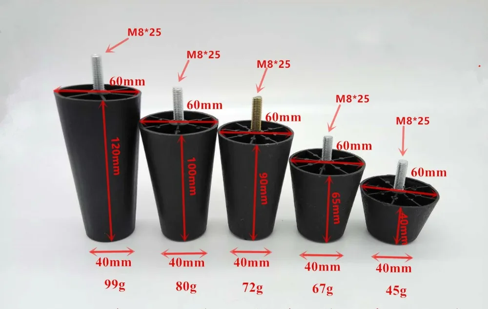 4pcs Round Tapered Black Plastic Furniture Legs Feet High 40 65 90 100 120MM with M8*25 Thread Shank for Sofa Couch and Chair