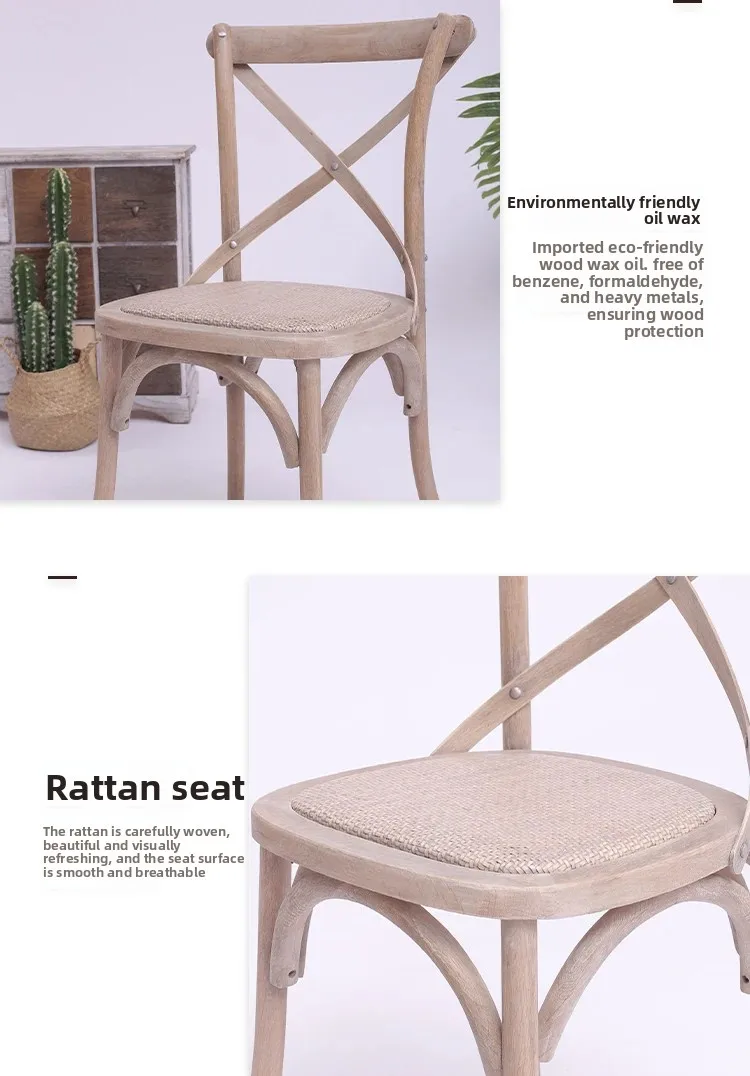 Scandinavian Farmhouse Style Rattan Dining Chair Wooden Seat Crossbar Design Comfortable Modern Cottage Aesthetic