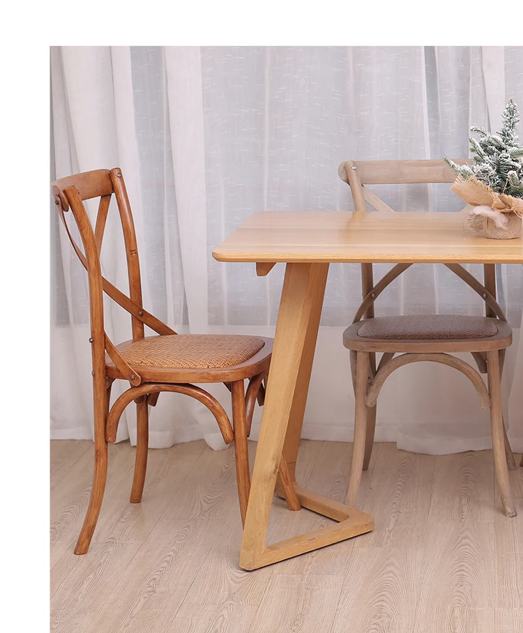 Scandinavian Farmhouse Style Rattan Dining Chair Wooden Seat Crossbar Design Comfortable Modern Cottage Aesthetic
