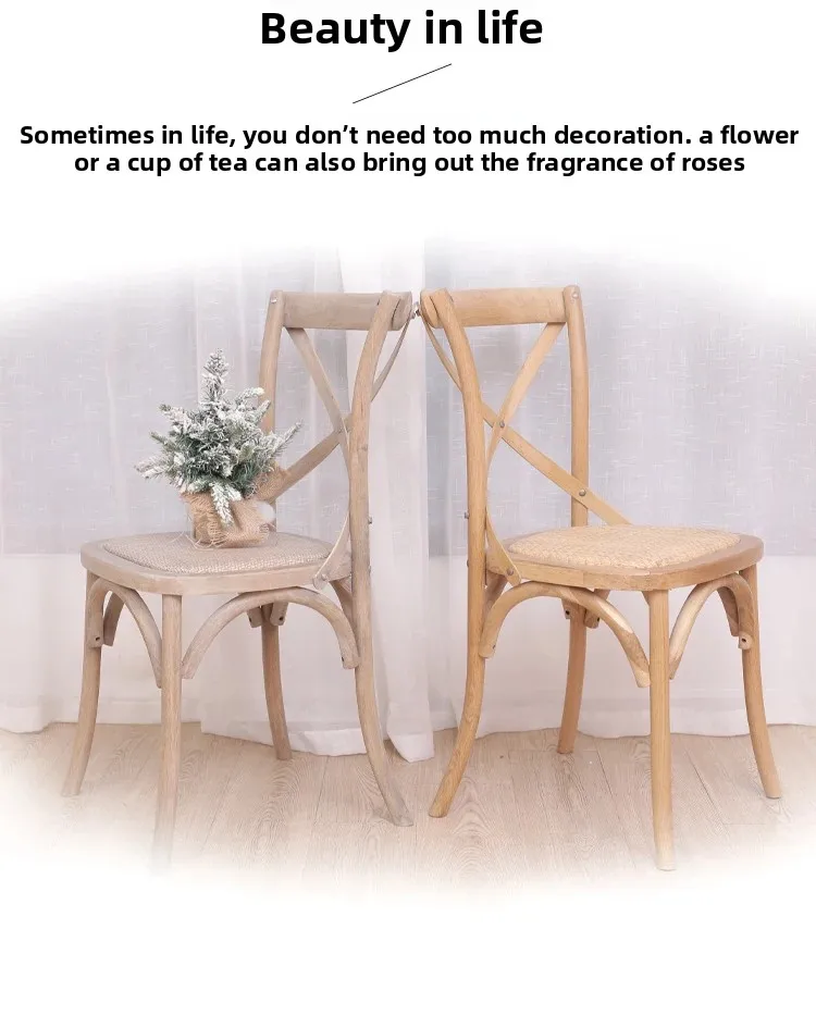 Scandinavian Farmhouse Style Rattan Dining Chair Wooden Seat Crossbar Design Comfortable Modern Cottage Aesthetic