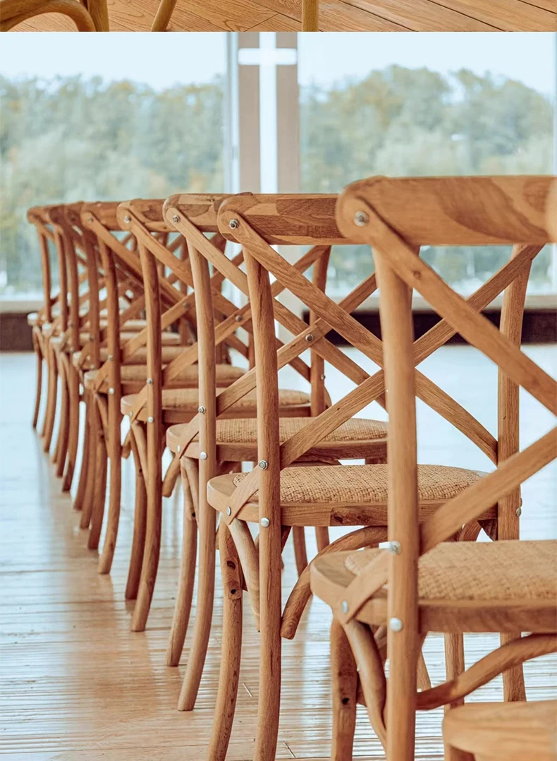 Scandinavian Farmhouse Style Rattan Dining Chair Wooden Seat Crossbar Design Comfortable Modern Cottage Aesthetic