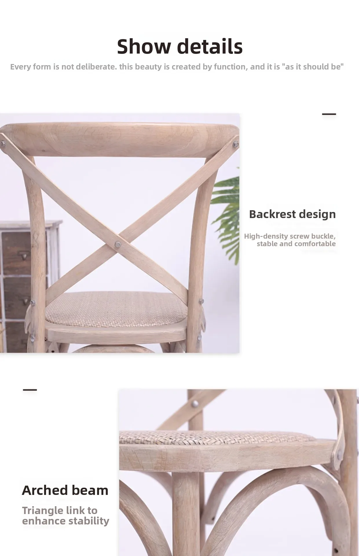 Scandinavian Farmhouse Style Rattan Dining Chair Wooden Seat Crossbar Design Comfortable Modern Cottage Aesthetic