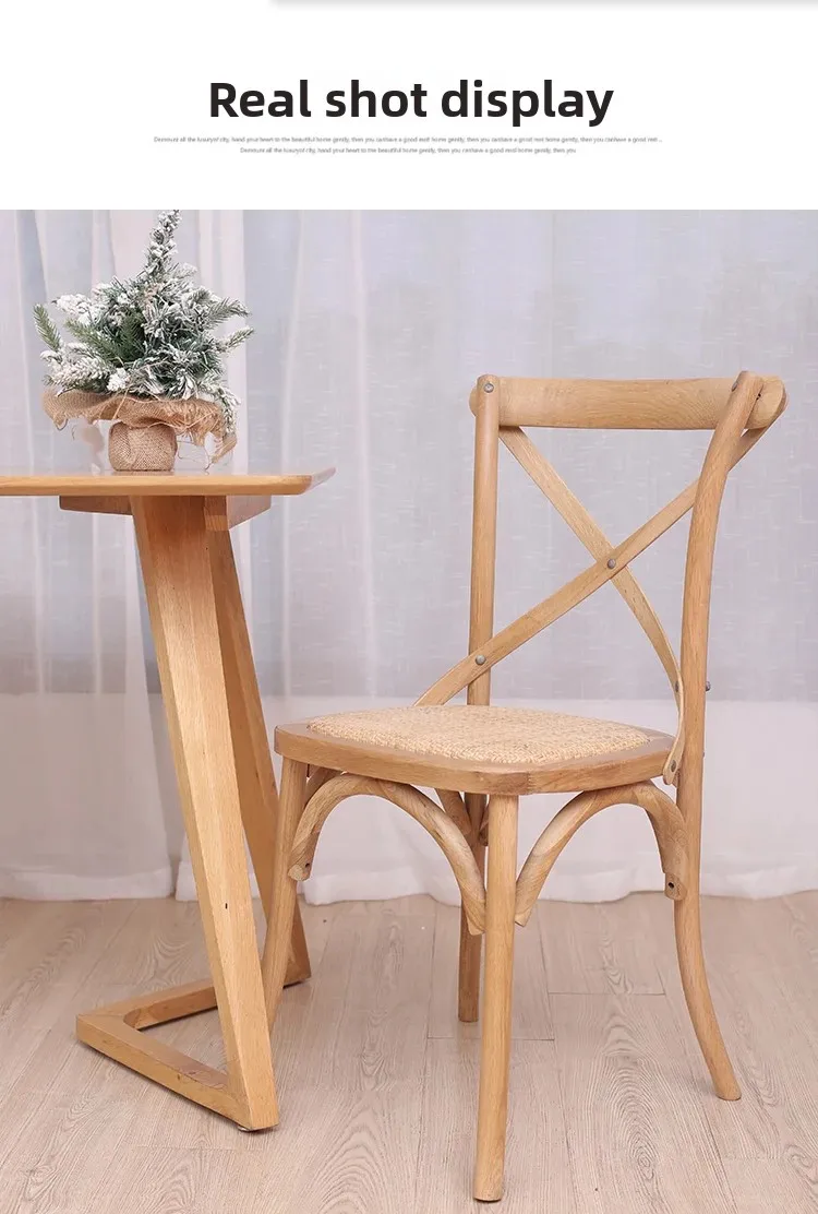 Scandinavian Farmhouse Style Rattan Dining Chair Wooden Seat Crossbar Design Comfortable Modern Cottage Aesthetic