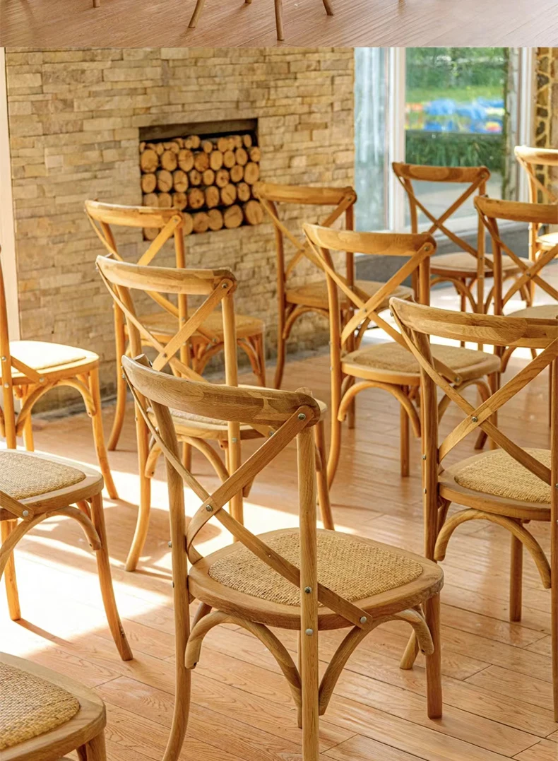 Scandinavian Farmhouse Style Rattan Dining Chair Wooden Seat Crossbar Design Comfortable Modern Cottage Aesthetic