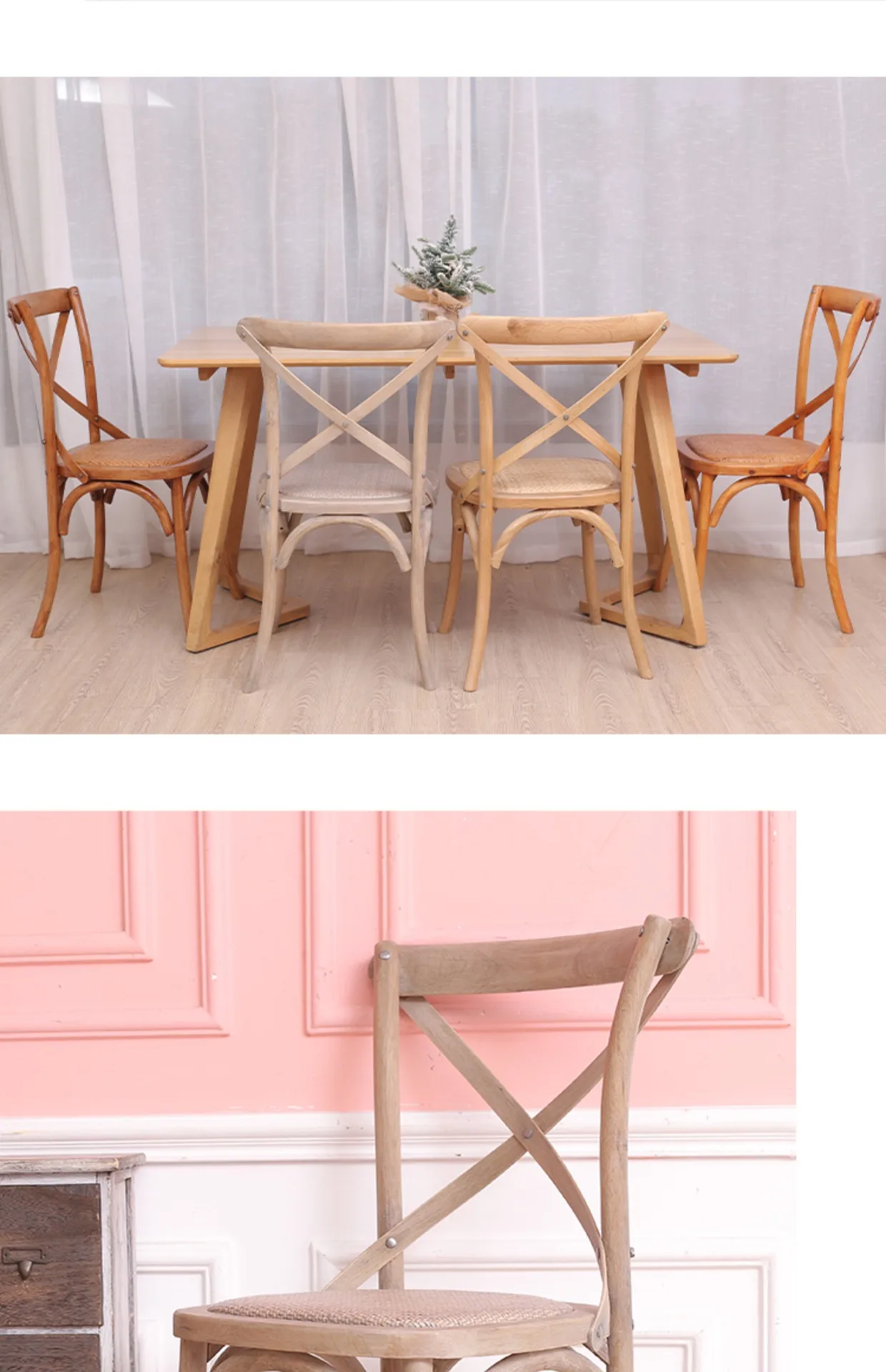 Scandinavian Farmhouse Style Rattan Dining Chair Wooden Seat Crossbar Design Comfortable Modern Cottage Aesthetic