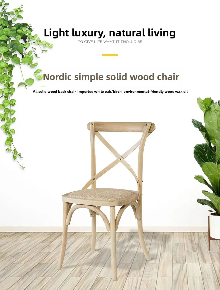 Scandinavian Farmhouse Style Rattan Dining Chair Wooden Seat Crossbar Design Comfortable Modern Cottage Aesthetic