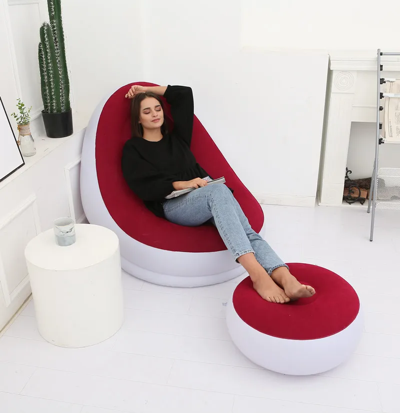 OTAUTAU Inflatable Lounger with Footstool Ottoman Chaise Lounge Recliner Outdoor Portable Camping Couch Garden Chair Pouf SF029