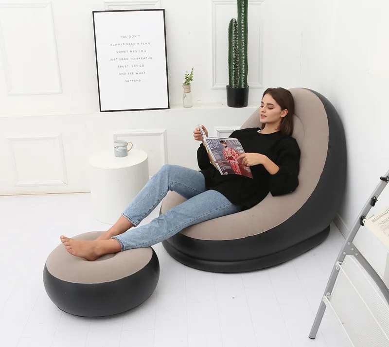 OTAUTAU Inflatable Lounger with Footstool Ottoman Chaise Lounge Recliner Outdoor Portable Camping Couch Garden Chair Pouf SF029