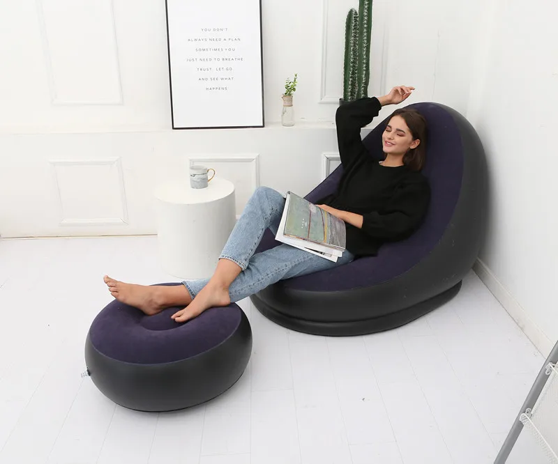 OTAUTAU Inflatable Lounger with Footstool Ottoman Chaise Lounge Recliner Outdoor Portable Camping Couch Garden Chair Pouf SF029