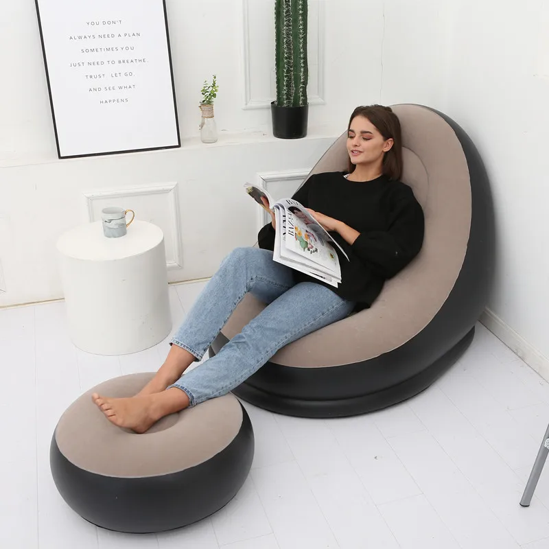 OTAUTAU Inflatable Lounger with Footstool Ottoman Chaise Lounge Recliner Outdoor Portable Camping Couch Garden Chair Pouf SF029
