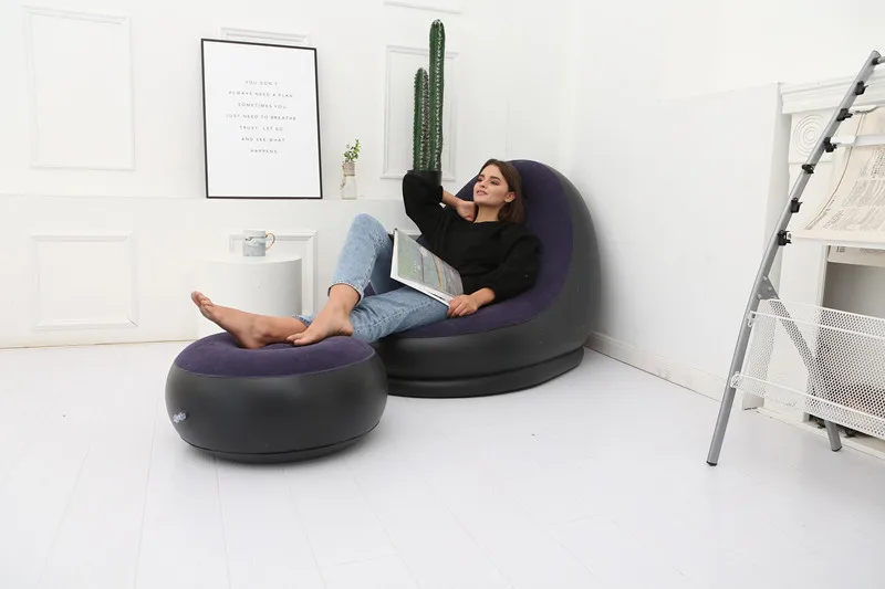 OTAUTAU Inflatable Lounger with Footstool Ottoman Chaise Lounge Recliner Outdoor Portable Camping Couch Garden Chair Pouf SF029