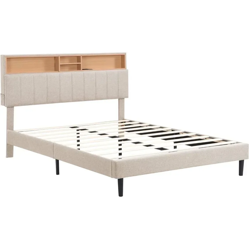 Bed frame bedroom furniture: headboard with storage and USB ports, full, grey modern upholstered platform bed