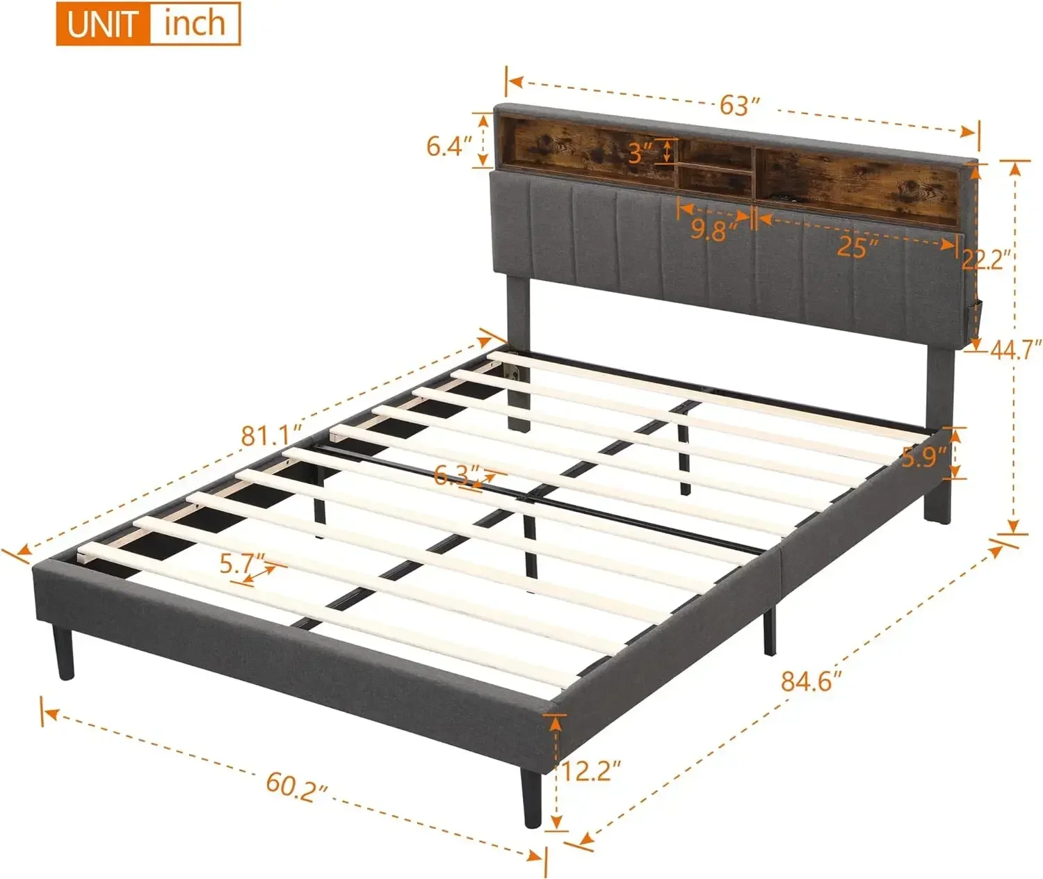 Bed frame bedroom furniture: headboard with storage and USB ports, full, grey modern upholstered platform bed