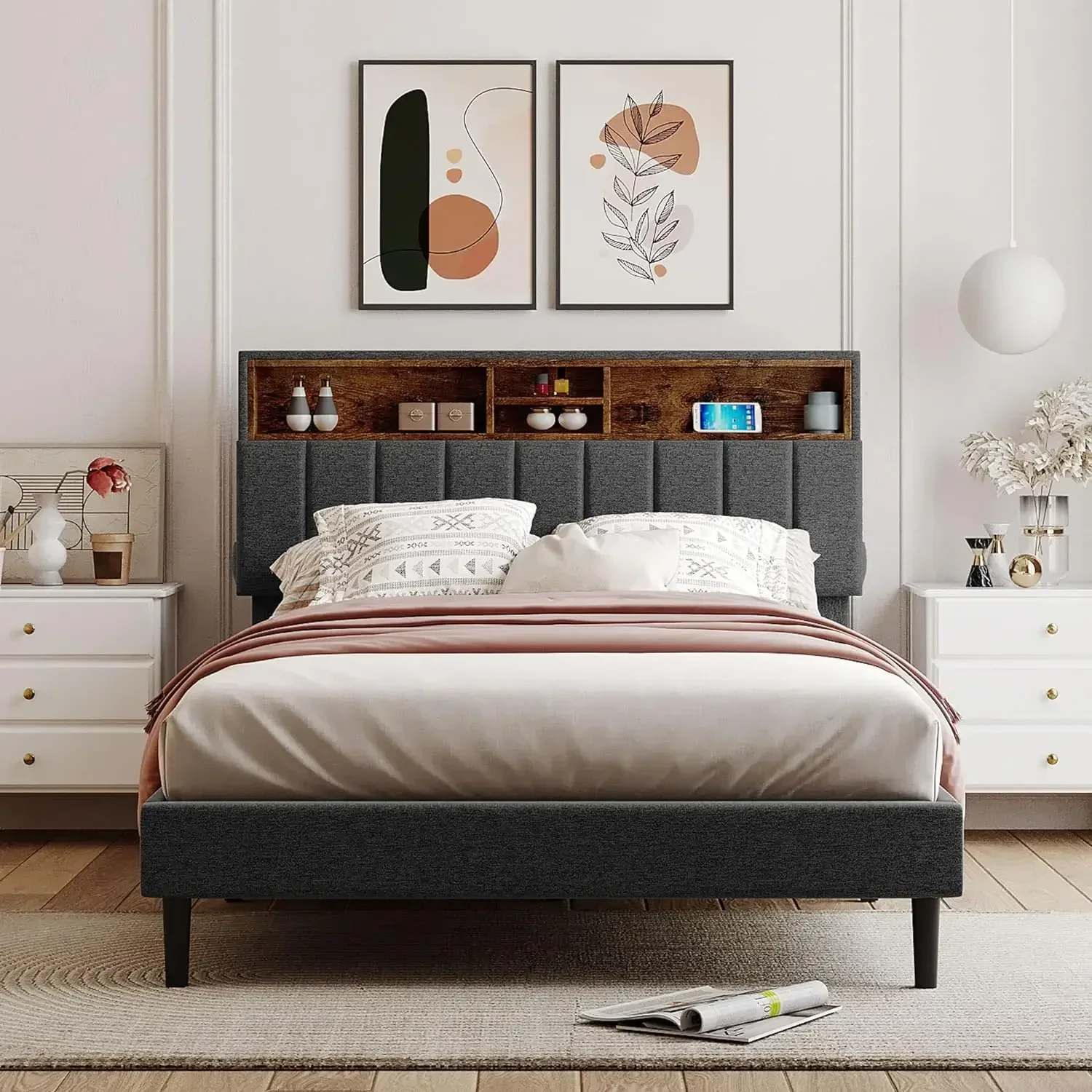 Bed frame bedroom furniture: headboard with storage and USB ports, full, grey modern upholstered platform bed