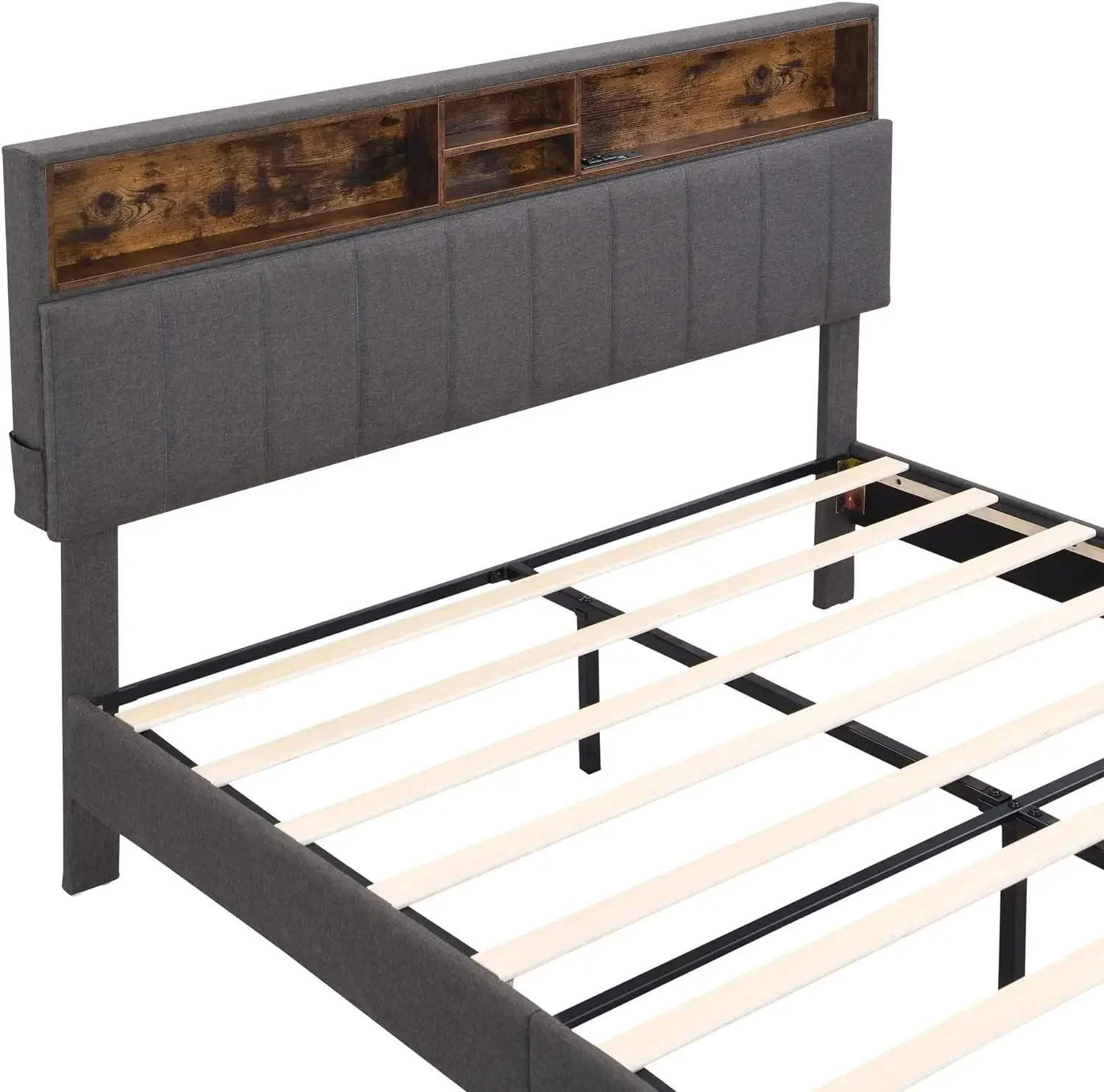 Bed frame bedroom furniture: headboard with storage and USB ports, full, grey modern upholstered platform bed