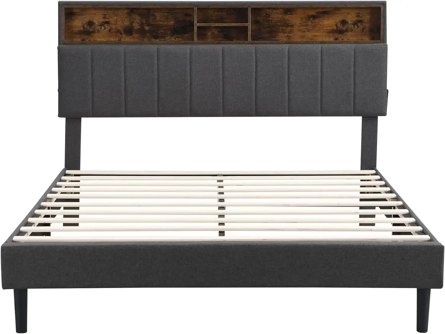 Bed frame bedroom furniture: headboard with storage and USB ports, full, grey modern upholstered platform bed