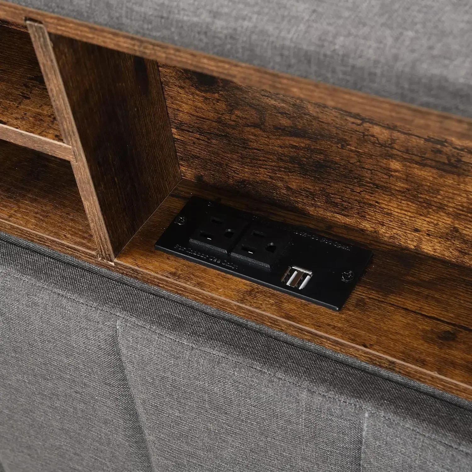 Bed frame bedroom furniture: headboard with storage and USB ports, full, grey modern upholstered platform bed
