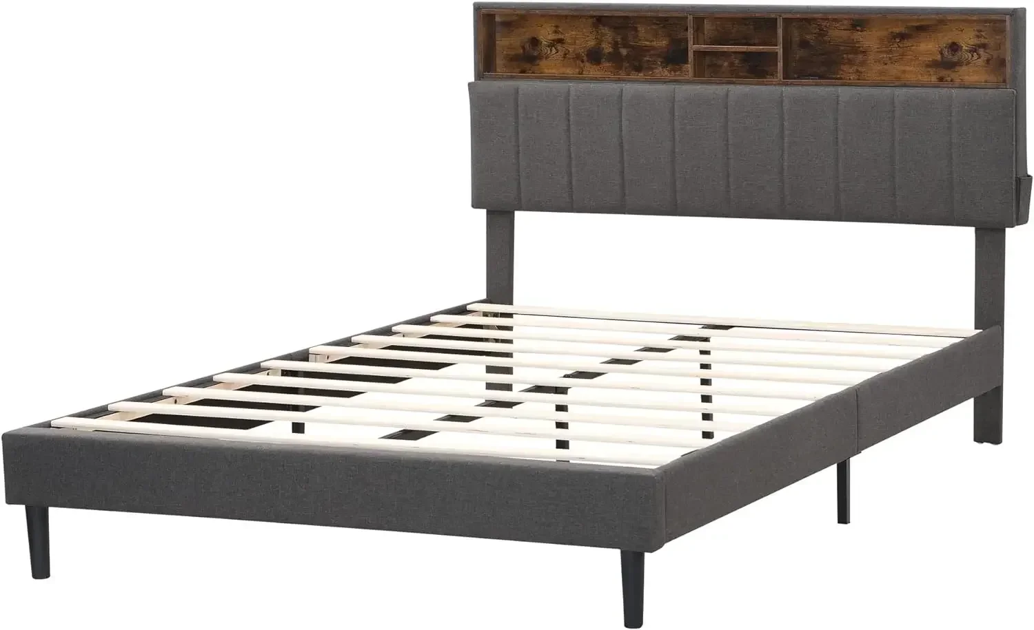 Bed frame bedroom furniture: headboard with storage and USB ports, full, grey modern upholstered platform bed
