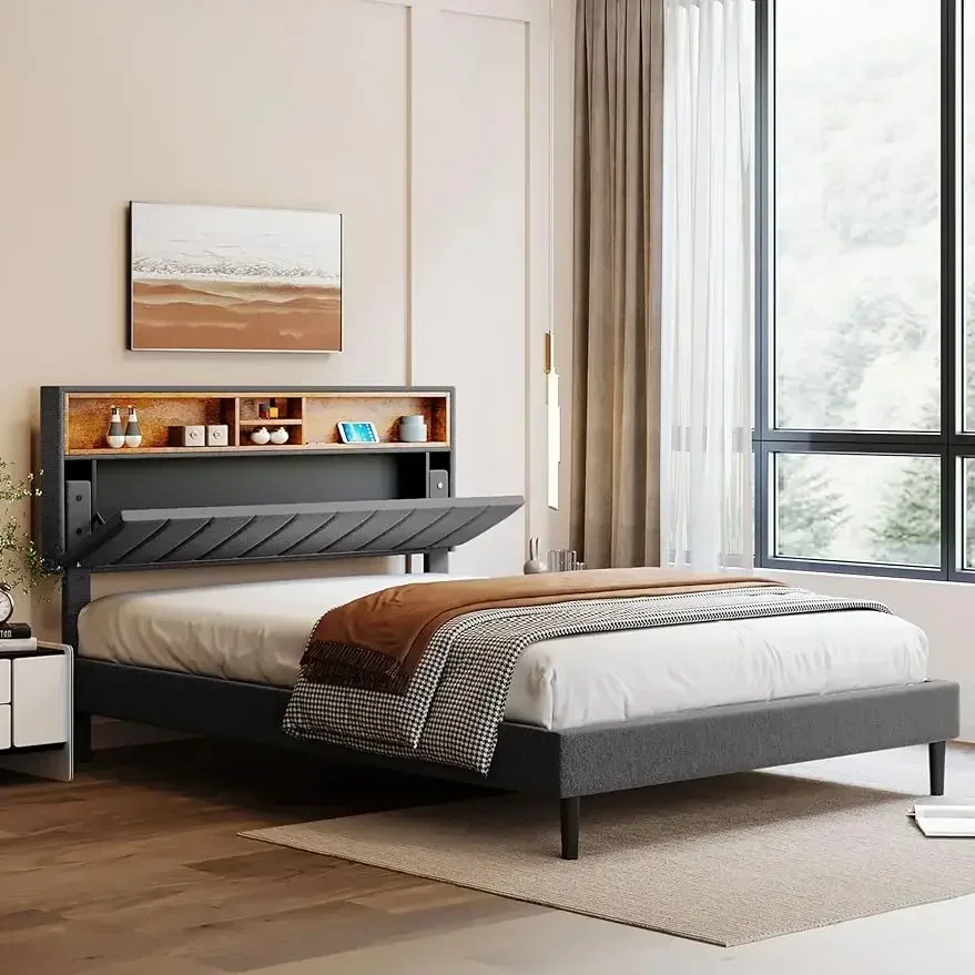 Bed frame bedroom furniture: headboard with storage and USB ports, full, grey modern upholstered platform bed
