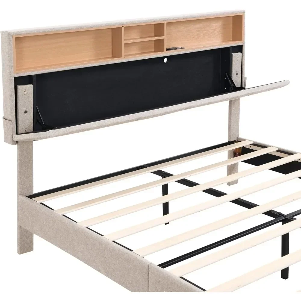 Bed frame bedroom furniture: headboard with storage and USB ports, full, grey modern upholstered platform bed