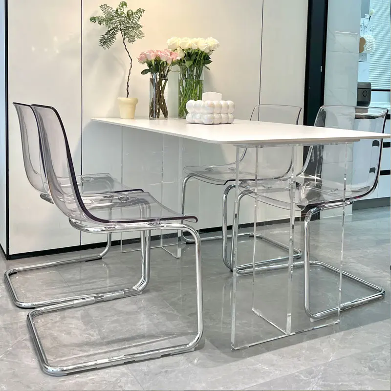 PC Dining Chair Transparent Nordic Armchair Retro Crystal Seat Modern Curved Backrest Stool for Kitchen or Café Use
