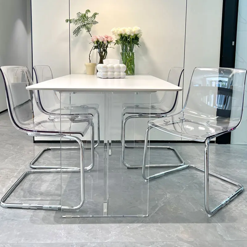 PC Dining Chair Transparent Nordic Armchair Retro Crystal Seat Modern Curved Backrest Stool for Kitchen or Café Use