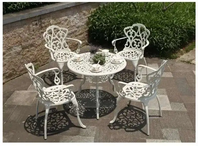 Outdoor Cast Aluminum Tables and Chairs Set Courtyard Garden Urniture Terrace Combination Leisure Metal Round Patio Table p c