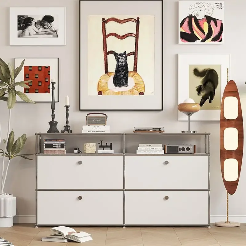 Vintage Module Sideboard Living Room Storage Cabinet Wood Bedroom Stainless Steel Metal Frame Storage Customizable TV Cabinet