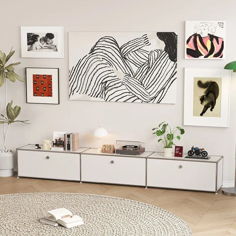 Vintage Module Sideboard Living Room Storage Cabinet Wood Bedroom Stainless Steel Metal Frame Storage Customizable TV Cabinet
