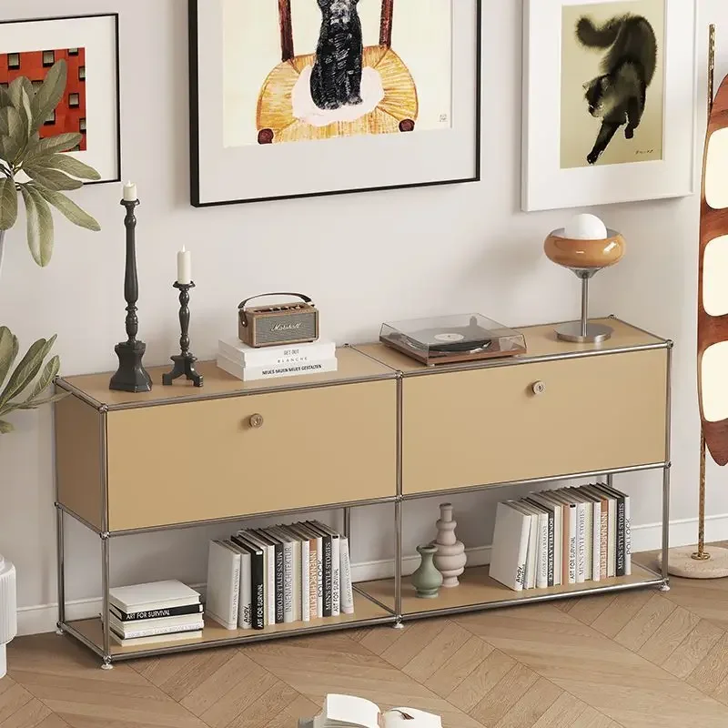 Vintage Module Sideboard Living Room Storage Cabinet Wood Bedroom Stainless Steel Metal Frame Storage Customizable TV Cabinet