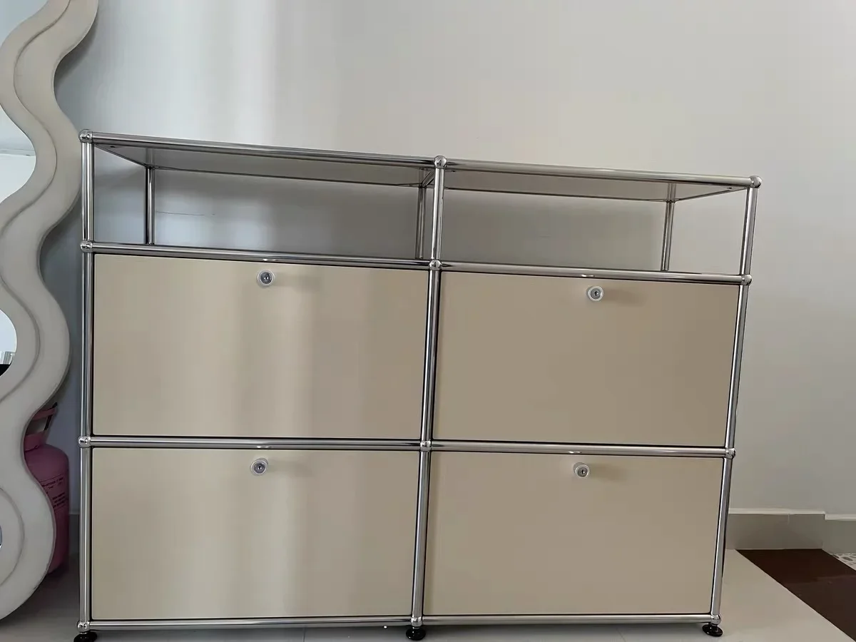 Vintage Module Sideboard Living Room Storage Cabinet Wood Bedroom Stainless Steel Metal Frame Storage Customizable TV Cabinet