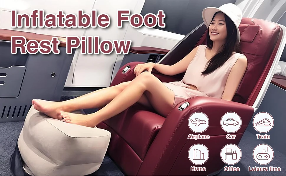 Inflatable Sleeping Foot Rest Pillow for Air Travel, PVC Adjustable 3-Layer Flight Footstool Cushion for Car Office