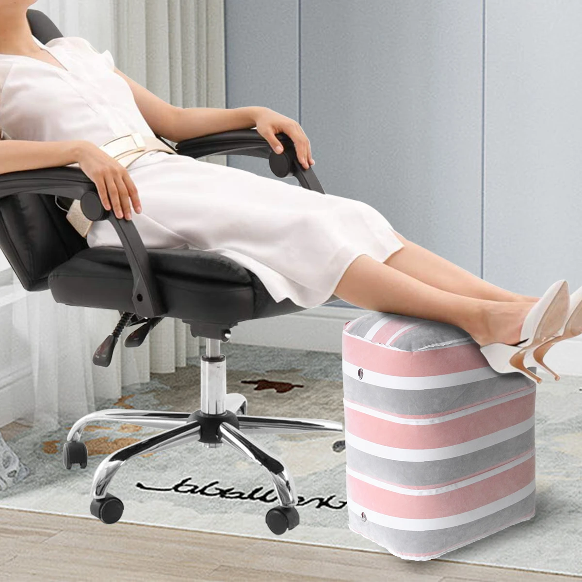 Inflatable Sleeping Foot Rest Pillow for Air Travel, PVC Adjustable 3-Layer Flight Footstool Cushion for Car Office
