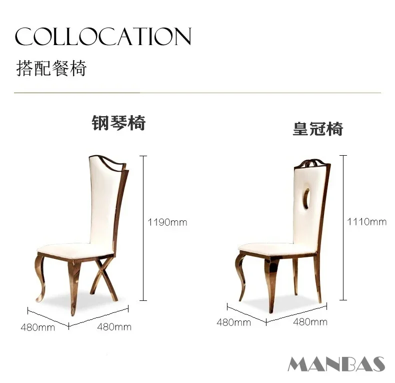 Linlimlam Luxury Dining Set: 6 Stainless Steel Genuine Leather Chair and Rectangle Marble Sea Shell Table Kitchen Room Furniture