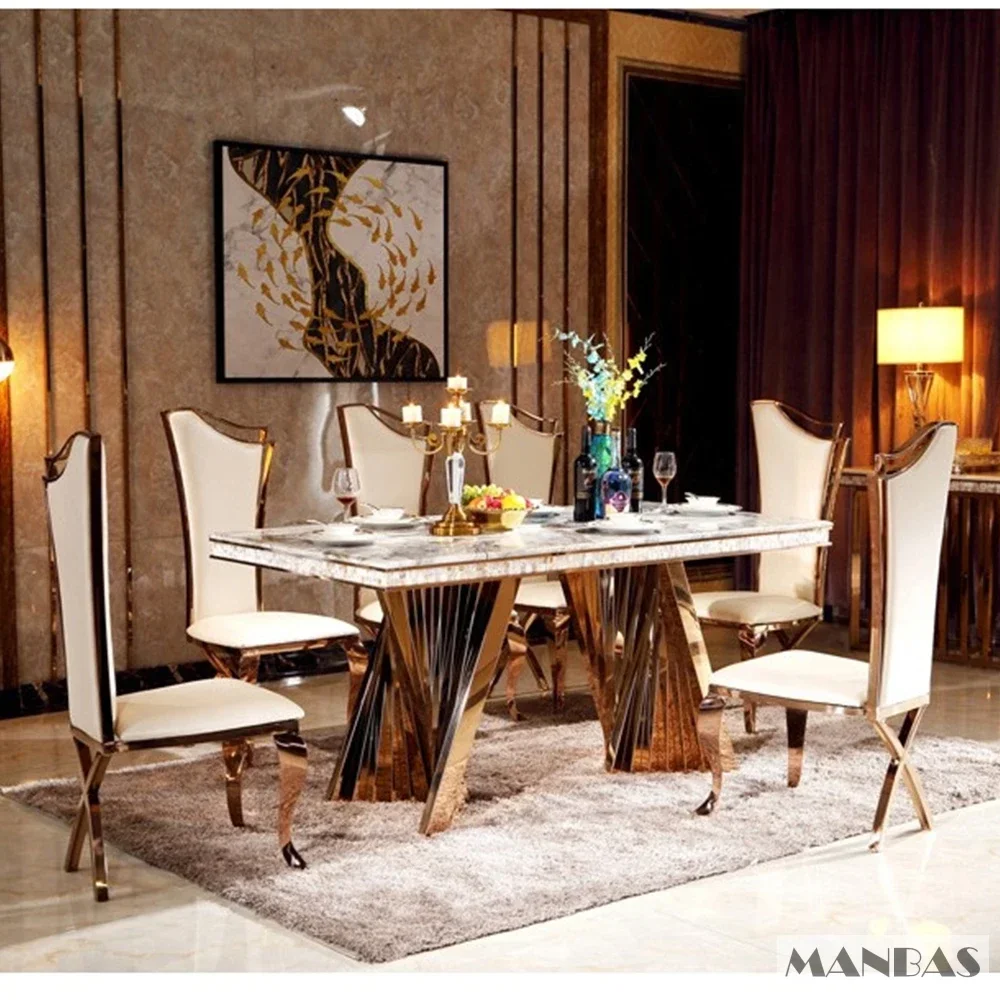 Linlimlam Luxury Dining Set: 6 Stainless Steel Genuine Leather Chair and Rectangle Marble Sea Shell Table Kitchen Room Furniture