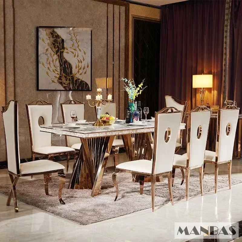 Linlimlam Luxury Dining Set: 6 Stainless Steel Genuine Leather Chair and Rectangle Marble Sea Shell Table Kitchen Room Furniture