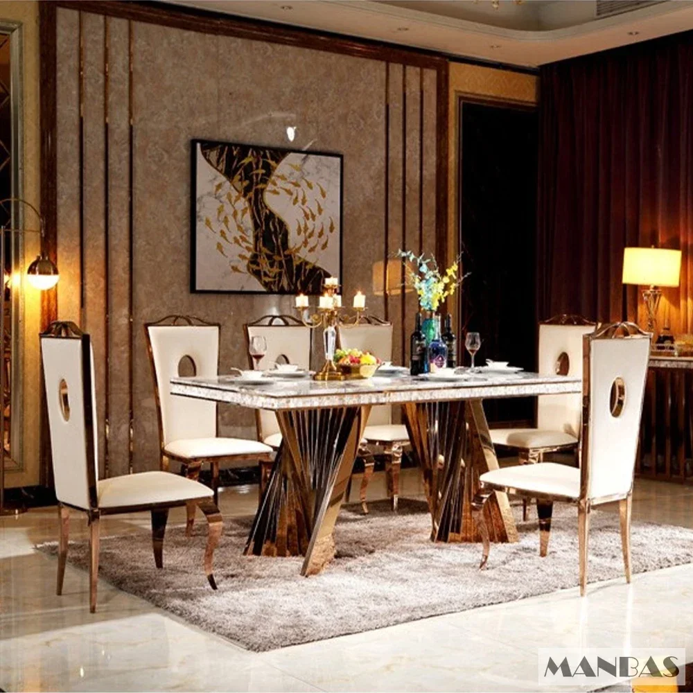 Linlimlam Luxury Dining Set: 6 Stainless Steel Genuine Leather Chair and Rectangle Marble Sea Shell Table Kitchen Room Furniture