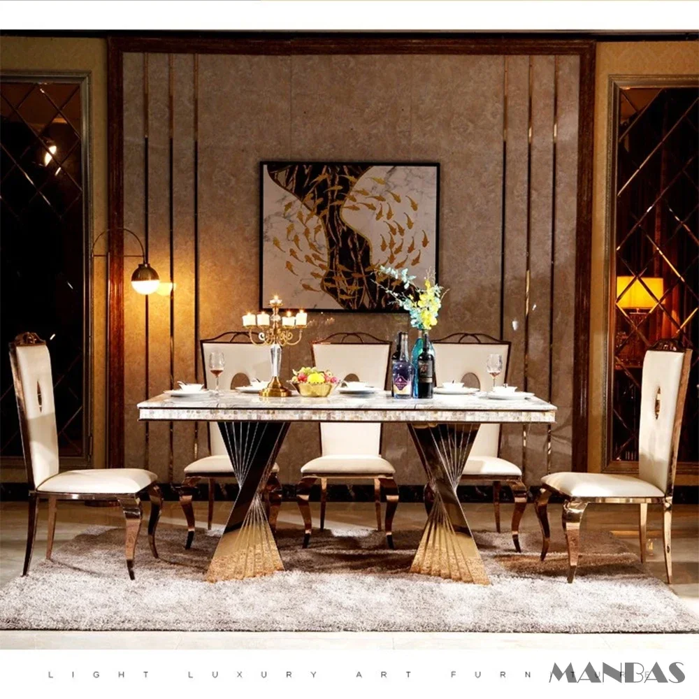 Linlimlam Luxury Dining Set: 6 Stainless Steel Genuine Leather Chair and Rectangle Marble Sea Shell Table Kitchen Room Furniture