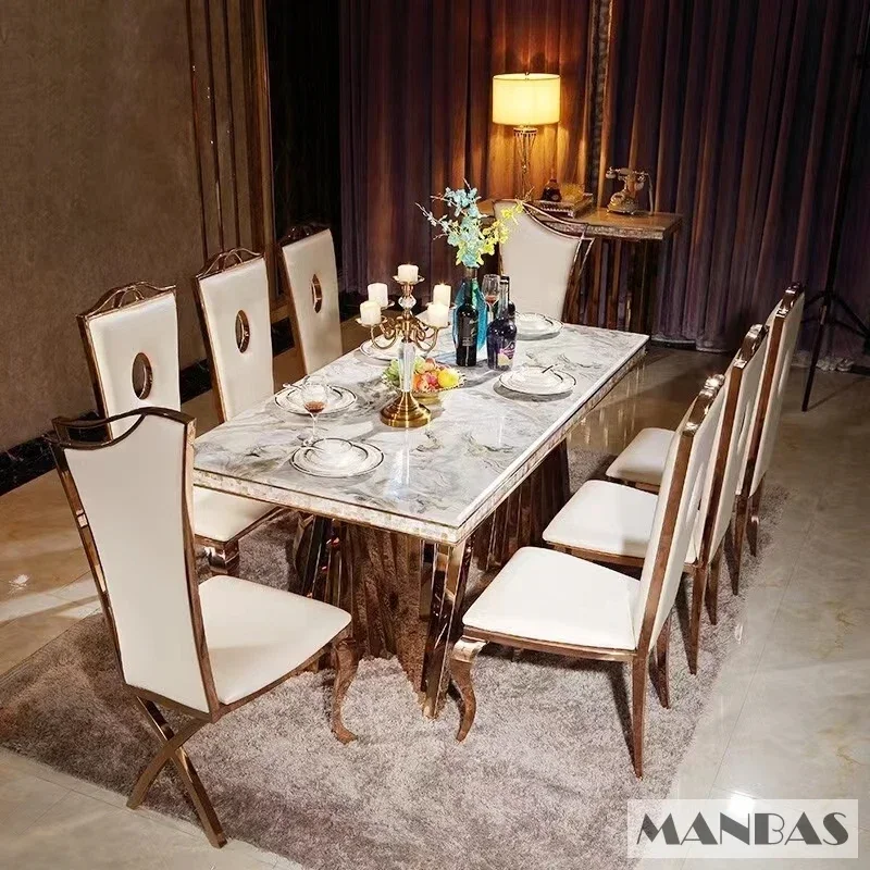 Linlimlam Luxury Dining Set: 6 Stainless Steel Genuine Leather Chair and Rectangle Marble Sea Shell Table Kitchen Room Furniture