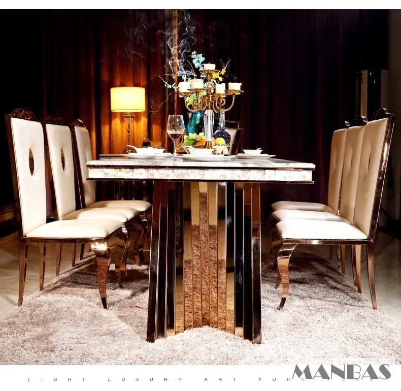 Linlimlam Luxury Dining Set: 6 Stainless Steel Genuine Leather Chair and Rectangle Marble Sea Shell Table Kitchen Room Furniture