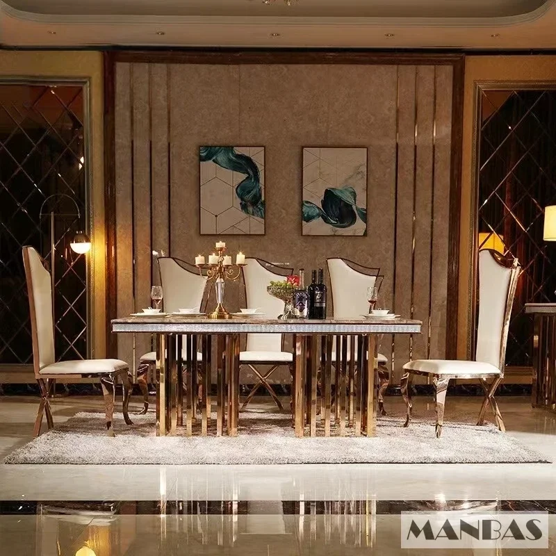 Linlimlam Luxury Dining Set: 6 Stainless Steel Genuine Leather Chair and Rectangle Marble Sea Shell Table Kitchen Room Furniture