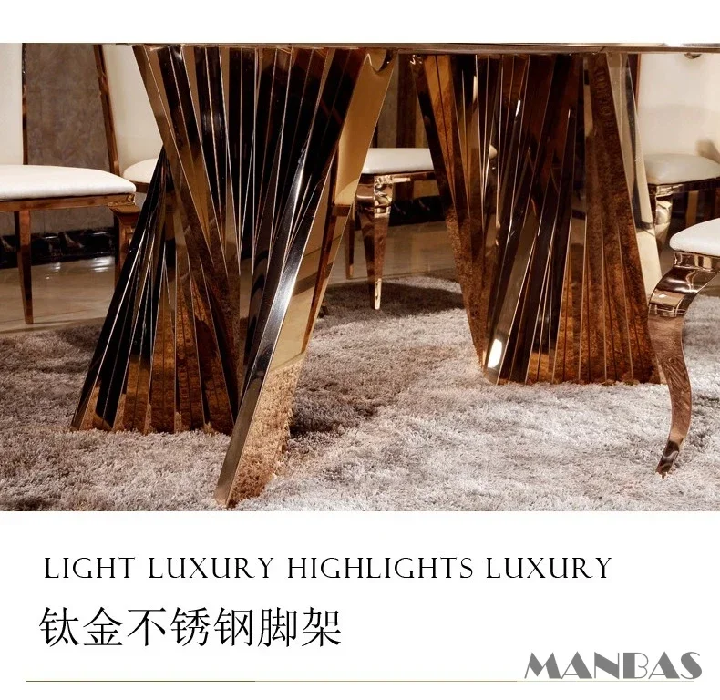 Linlimlam Luxury Dining Set: 6 Stainless Steel Genuine Leather Chair and Rectangle Marble Sea Shell Table Kitchen Room Furniture